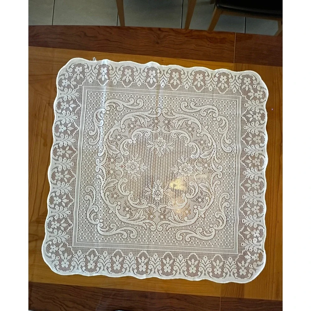 Vintage White Lace Square Table Topper Scalloped Edge Floral Medallion Set of 2